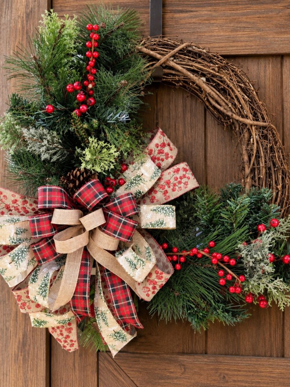 Rustic Christmas Grapevine Wreath with Red Berries, Pine Greenery & Plaid Bow